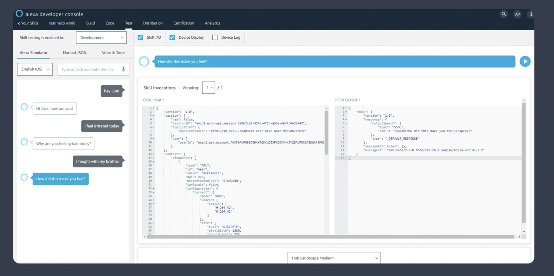 Alexa Developer Console: skill testing interface showing live voice simulation with JSON response output